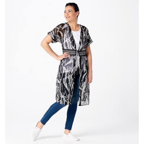 Dennis Basso Printed Chiffon Duster Top with Lace Detail in Black Size Medium - Picture 1 of 4